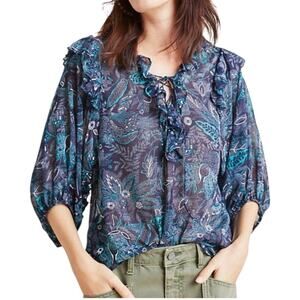 Anthropologie Haida Peasant Balloon Sleeve Paisley Print Green Navy Top SMALL